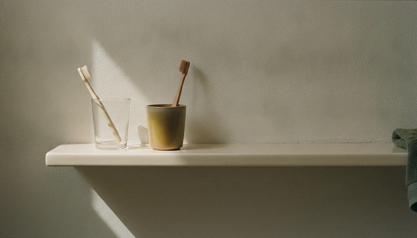 A second toothbrush leaning in a glass on a long bathroom shelf, next to a single one standing in its own cup.
