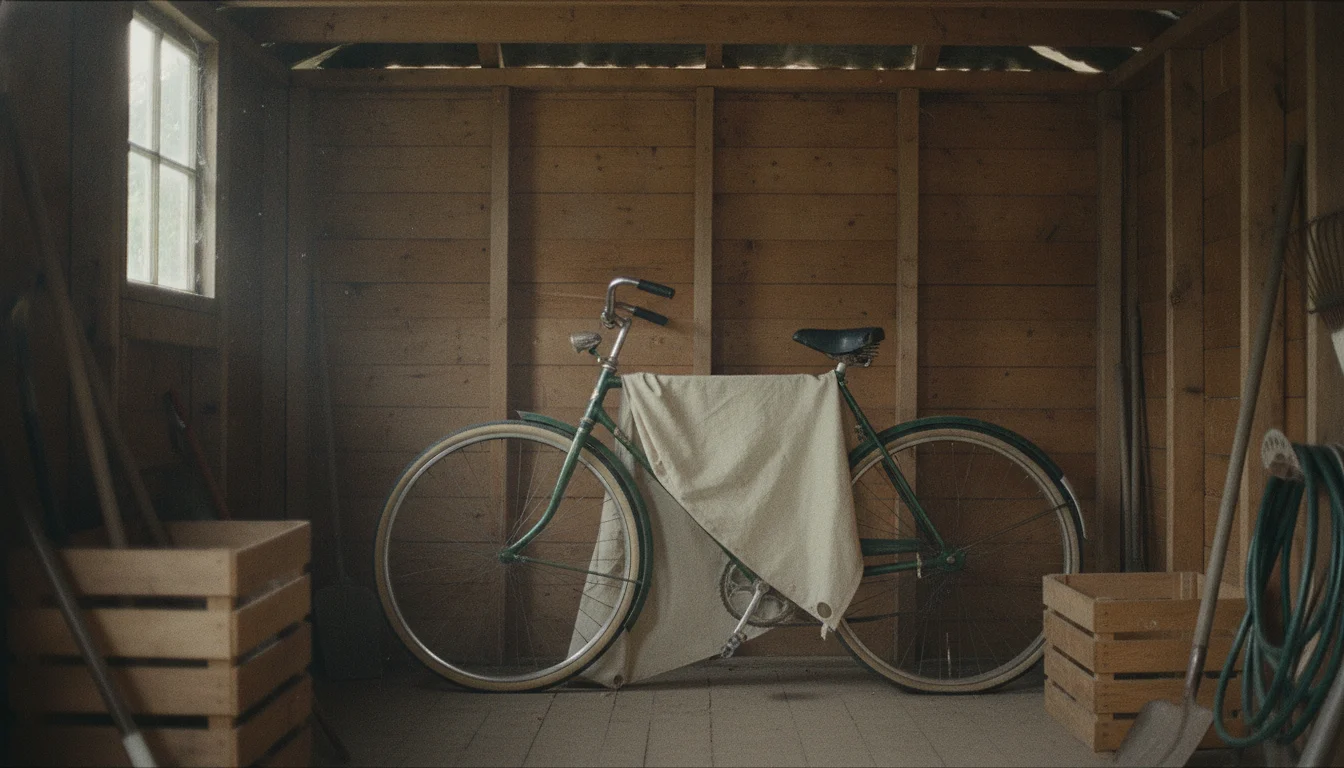 A bicycle kept in a shed under a cover that has slipped halfway off, its tyres soft, other stored things around it.