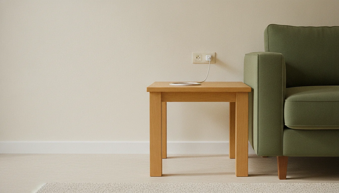 A spare phone charger kept plugged in by a sofa, its cable neatly coiled on the side table, with no phone anywhere near it.