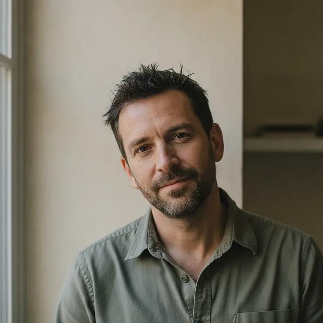 A man in his mid-thirties in a plain olive-grey shirt, turned three-quarters away from the camera with his eyes back to the lens in soft window light, a warm off-white wall and the blurred edge of a shelf behind him.