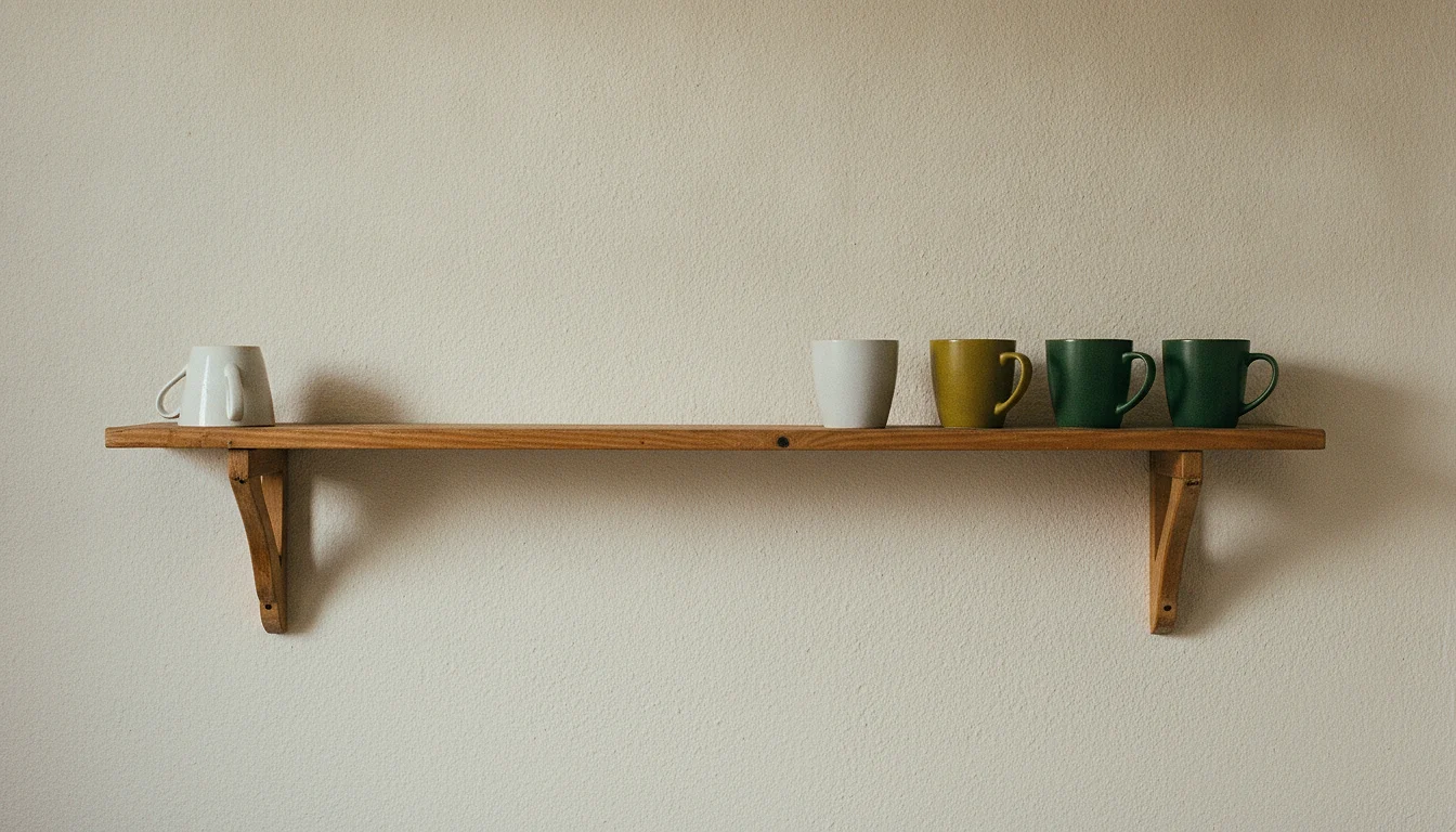 An open kitchen shelf with a row of cups the right way up and one cup at the end washed and turned upside down.