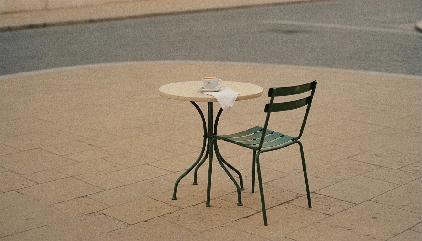 An outdoor café table with one chair pushed back at an angle and a half-finished coffee left standing on it, the street empty.