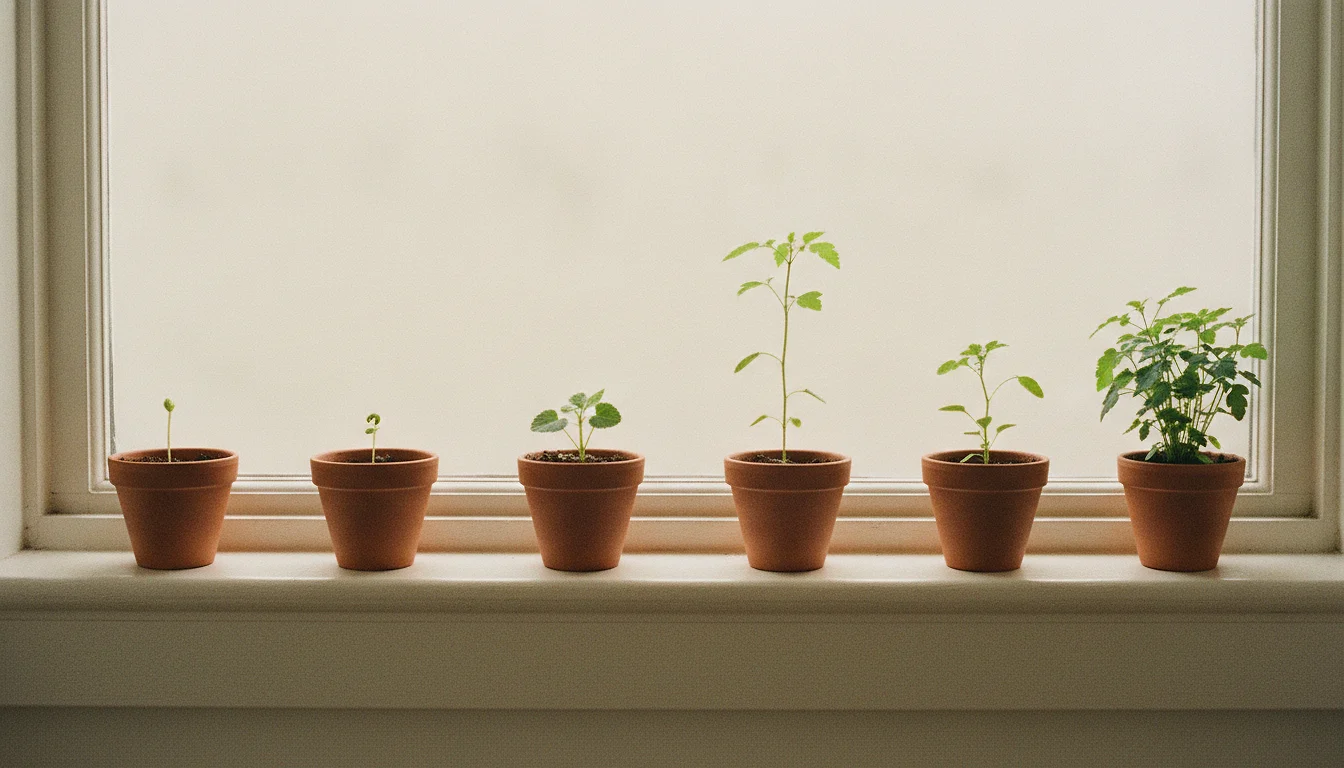 A row of small plant pots on a long windowsill holding seedlings at clearly different heights, from sprout to leafing stem.