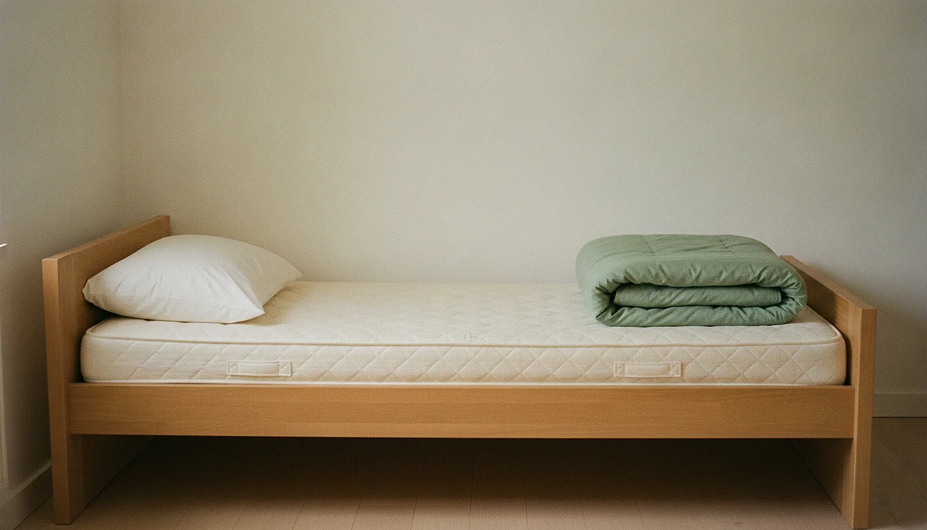 A stripped single guest bed in daylight with the duvet folded into a neat square at its foot and the pillow bare.