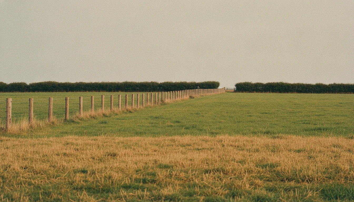 A line of weathered wooden fence posts spaced evenly across an open field, running toward a soft hedge in the distance.