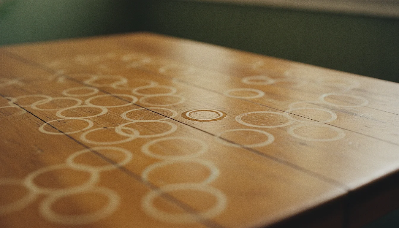 A worn wooden tabletop marked with many overlapping pale rings left by cups, one fresh ring still wet at the edge.