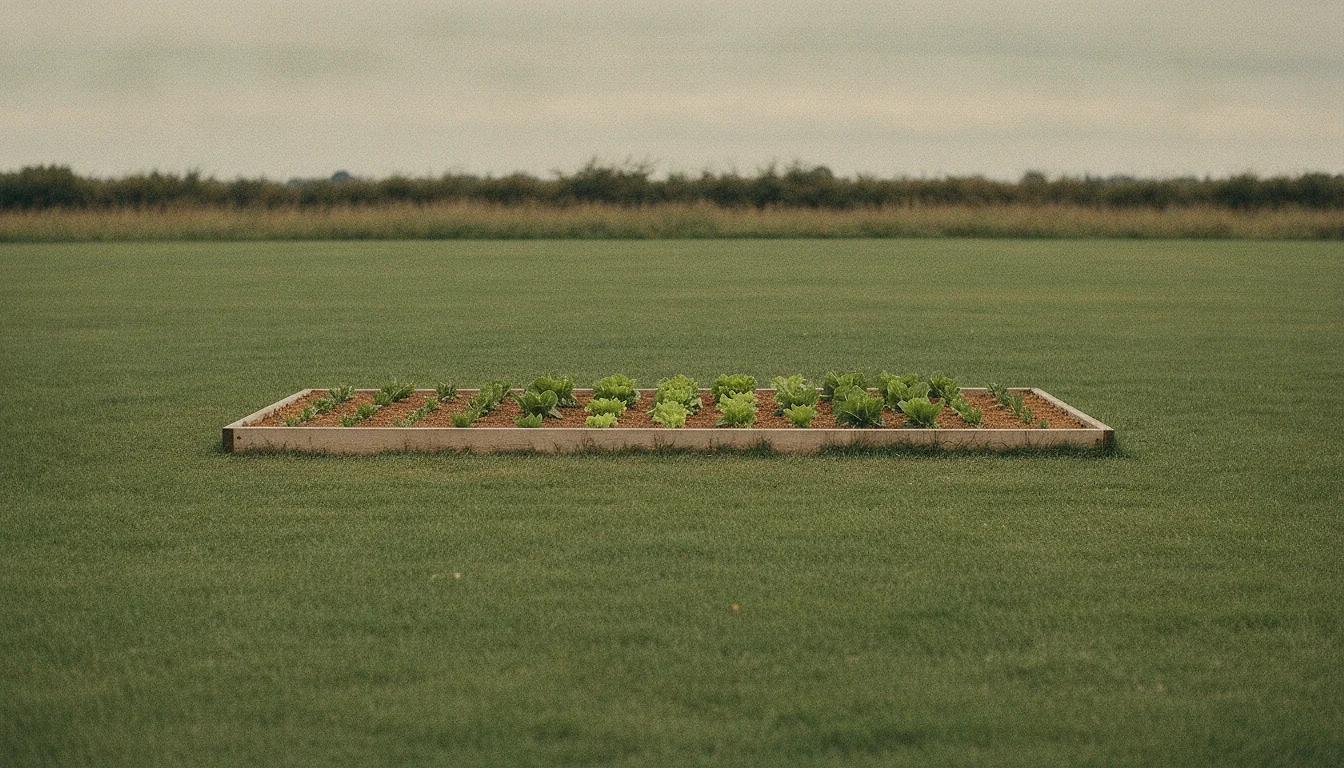 A single raised garden bed with a low wooden edging in the middle of an open shared lawn, planted and tended.