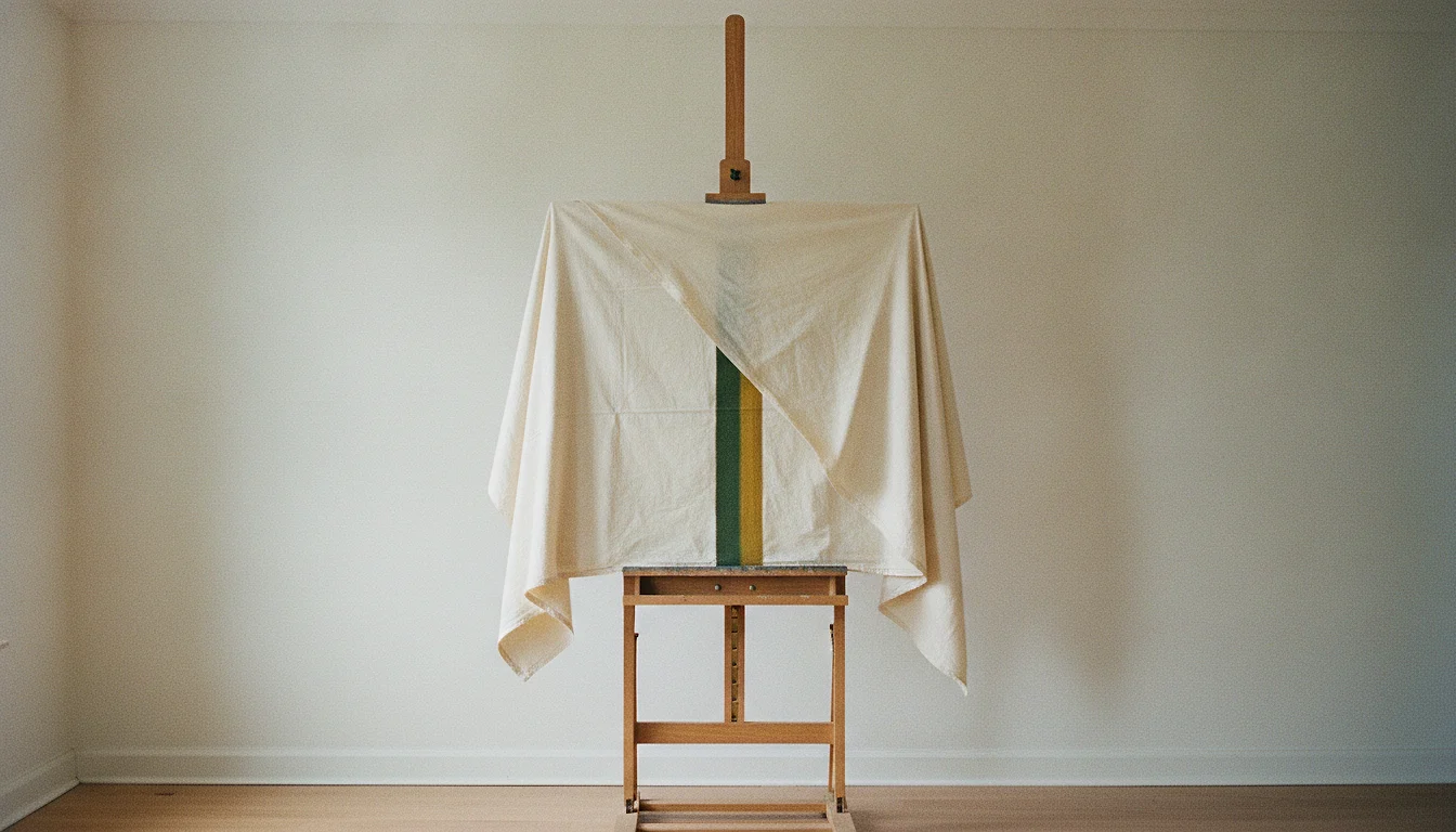 A canvas on a wooden easel covered by a plain dust sheet, one corner folded back to show only a strip of the painting.