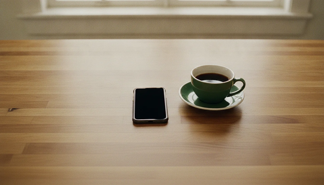 A phone with a dark screen lying on a plain kitchen table beside a full cup of coffee that has stopped steaming.