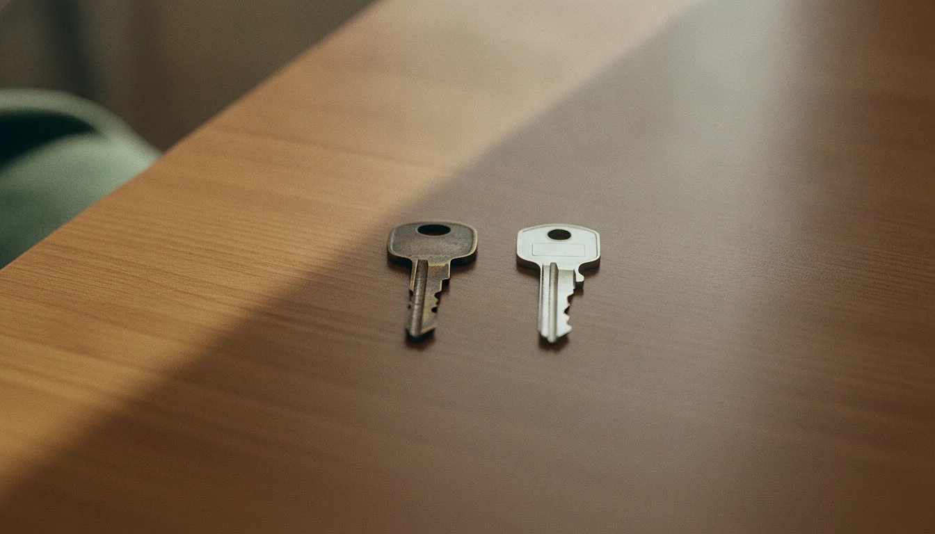 Two door keys lying side by side on a plain wooden table: one old and darkened with use, one bright and newly cut.
