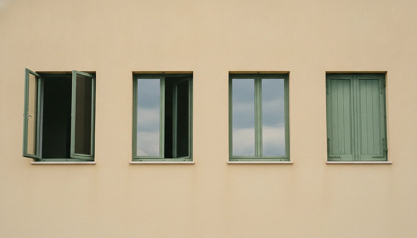 Four identical windows in a row on one rendered facade: one open wide, one ajar, one closed, one shuttered.