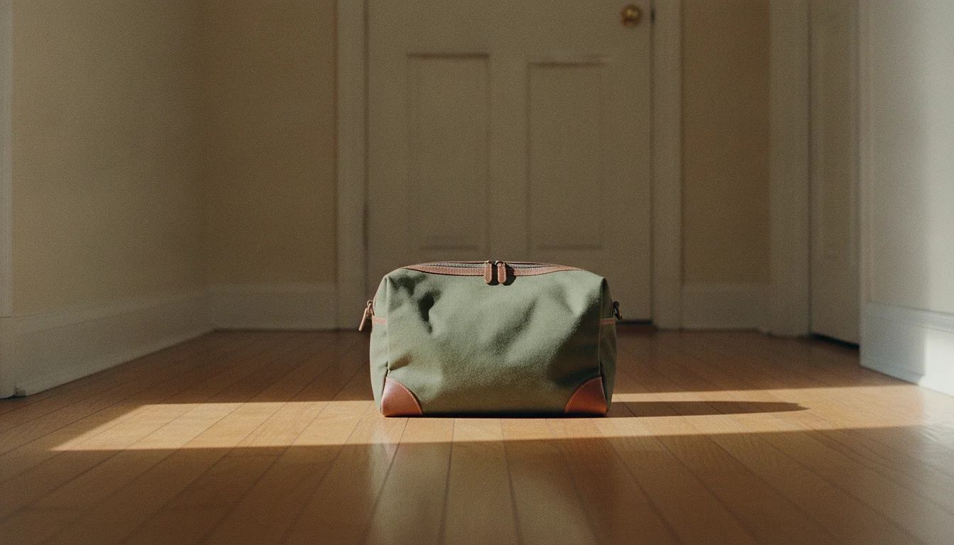 A small zipped overnight bag standing on the floor of a plain hallway near the front door, packed and ready.