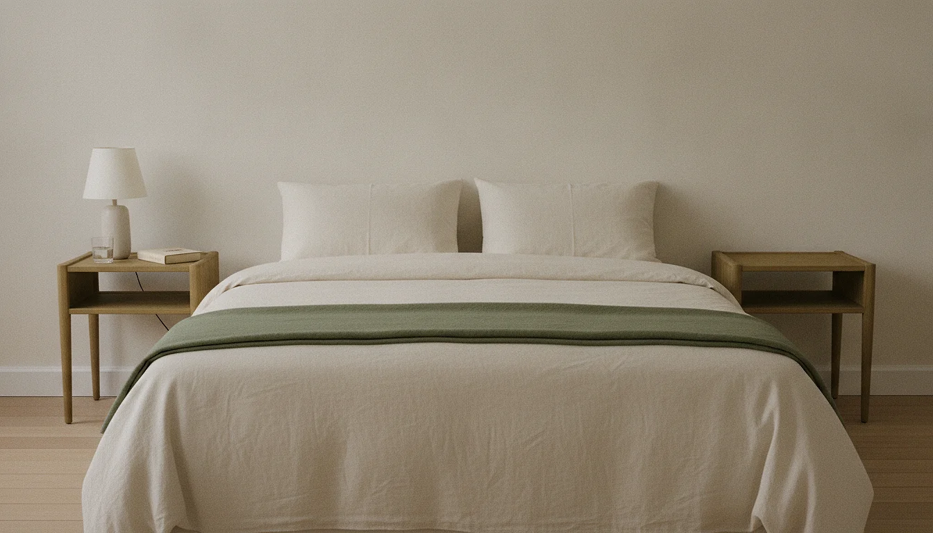 A wide double bed in daylight where one side has a lamp, a book and a water glass on its table, and the other side stands bare.