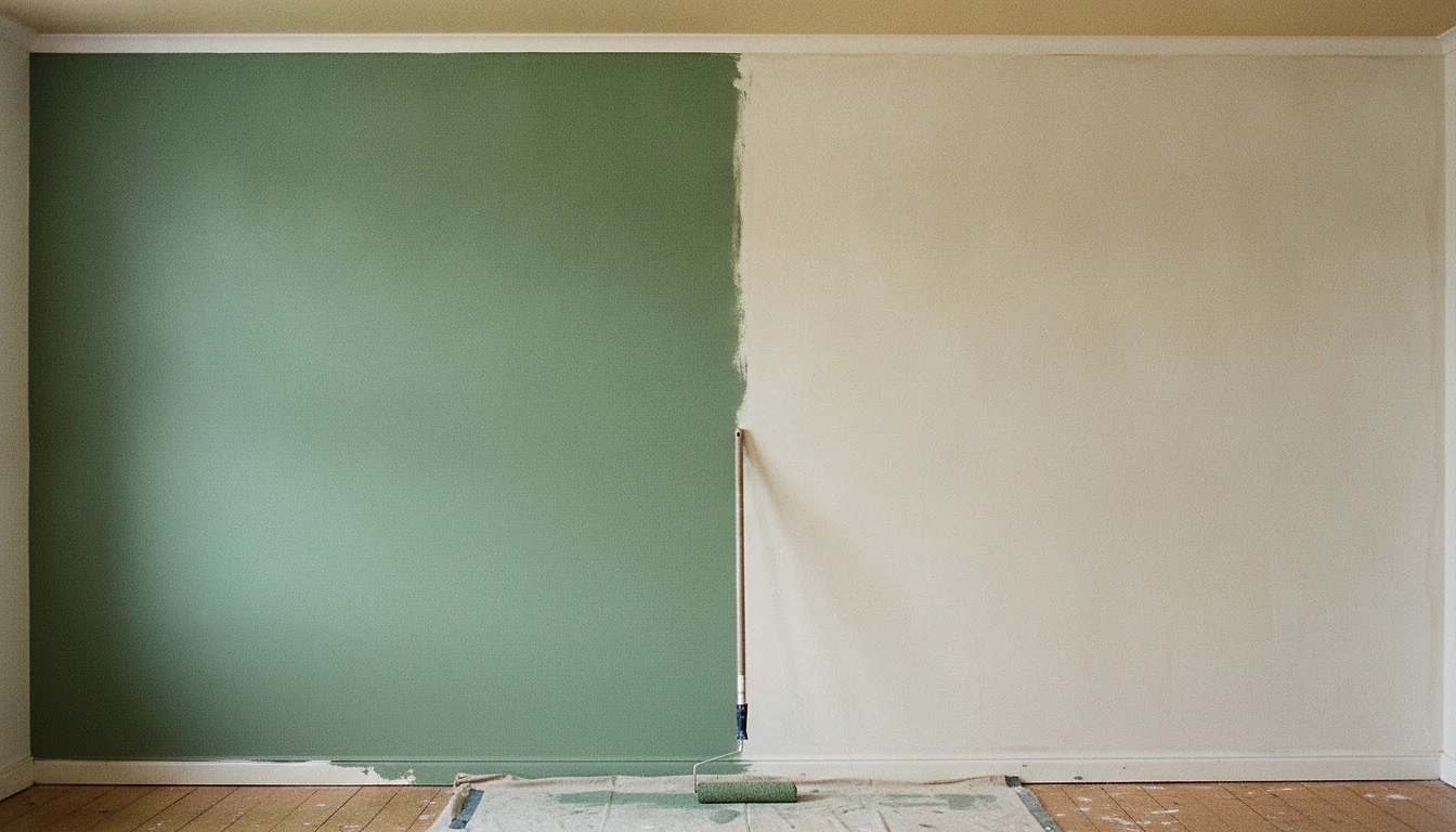 A room wall painted halfway along its length, with a roller resting in a tray of paint on the floor below the wet edge.