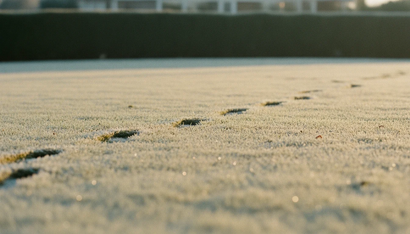 A line of footprints crossing a frost-covered lawn past a house, entering one side of the frame and leaving the other.