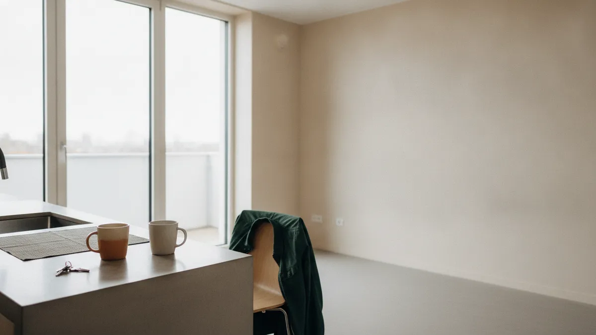 A flat kitchen counter in daylight with two used mugs and a set of keys on it, a dark green coat left over the back of a chair and the room beyond empty.