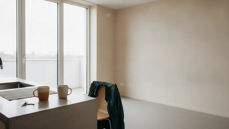 A flat kitchen counter in daylight with two used mugs and a set of keys on it, a dark green coat left over the back of a chair and the room beyond empty.