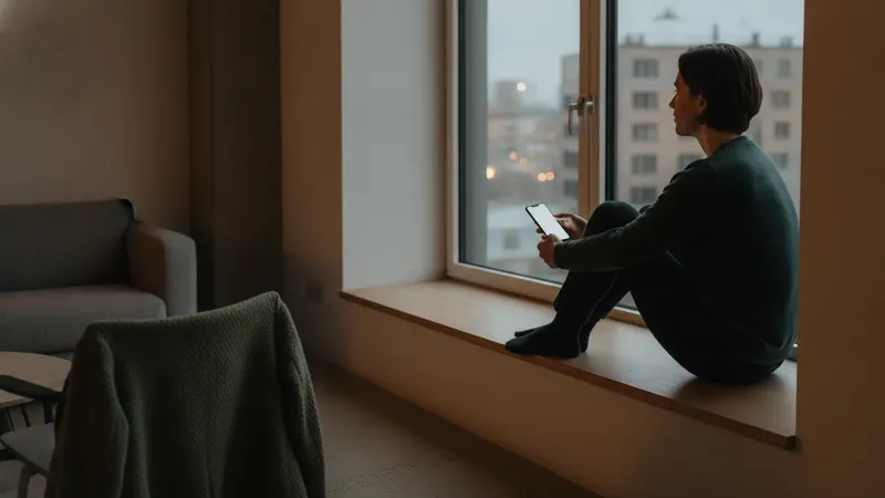 Someone sitting sideways on a windowsill at dusk with a phone in one hand, face turned away toward the city outside.
