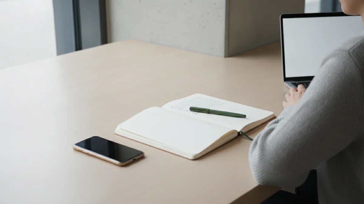 An open notebook covered in small unreadable handwriting on a pale desk, a green pen across the page and a phone face-down beside it, with someone working at a laptop at the edge of the frame.