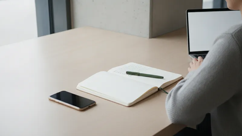 An open notebook covered in small unreadable handwriting on a pale desk, a green pen across the page and a phone face-down beside it, with someone working at a laptop at the edge of the frame.