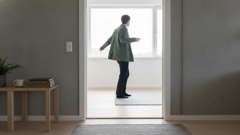 A man in a green coat standing in an open doorway with his back to the room, turned toward the daylight outside.