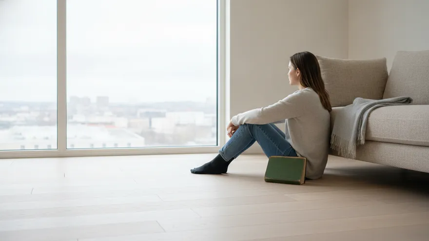 Someone sitting on the floor with their back against a sofa in a bright room, knees up and head turned away toward the window.