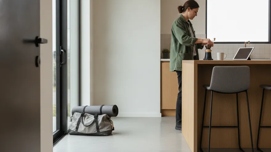 A bright kitchen in the morning with someone at the counter making coffee, seen from behind, and a packed bag waiting by the door.