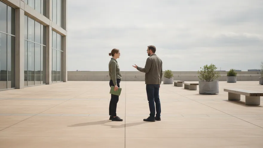 Two people standing a little apart on a wide pavement outside a building, one turned partly toward the other, seen from a distance.