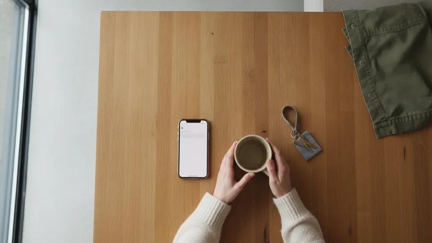 Seen from above: someone's hands around a mug on a wooden table beside a phone with a blank screen, a set of keys and a green jacket at the edge of the frame.