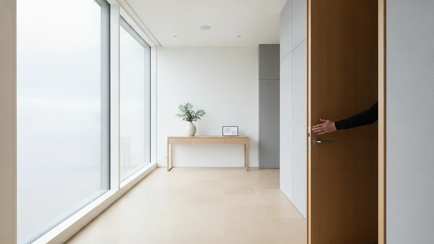 A bright hallway with a door standing half open and one hand resting flat on the door edge, the person otherwise out of shot.