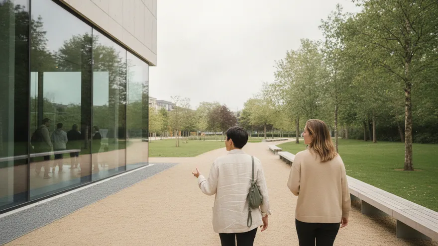 Two people walking side by side along a park path beside a glass building, talking as they go.