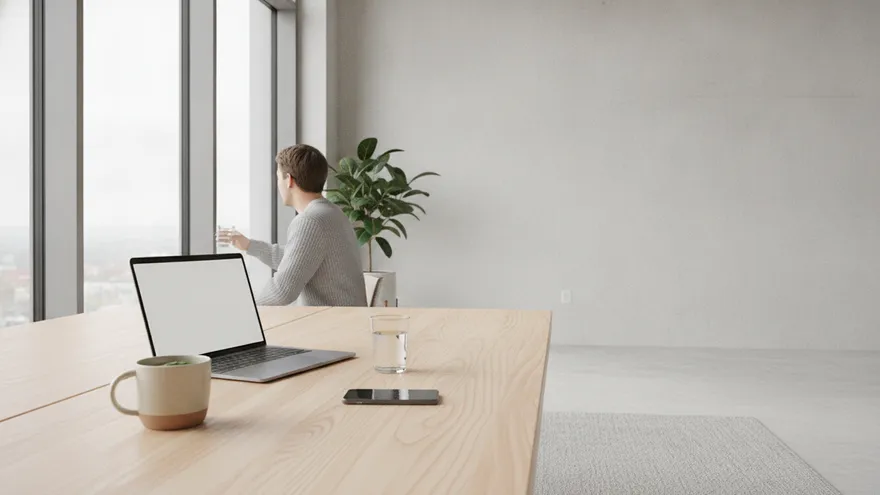 A bright desk by the window with an open laptop, a mug, a glass of water and a phone lying face-down.