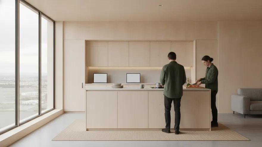 Two people cooking in a bright shared kitchen, both facing the counter rather than each other, seen from across the room.
