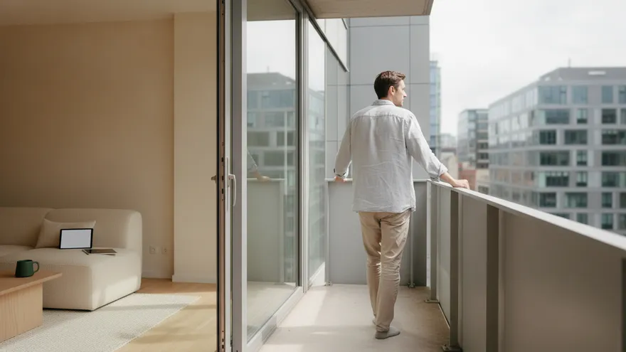 Someone standing at a balcony railing with their back to the camera, the door to the flat open behind them.