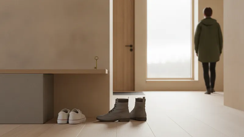 Two pairs of shoes left by a front door, one set placed neatly and one kicked apart, a single key on the shelf above, and someone in a green coat walking out through the bright doorway.
