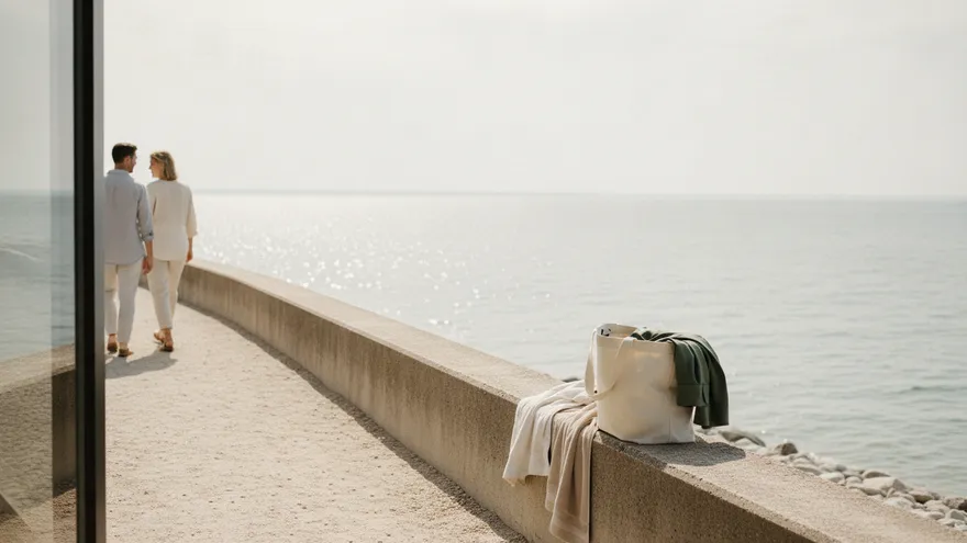 A seaside promenade in bright light with a bag and a green cloth left on the sea wall, and a couple walking away hand in hand in the distance.