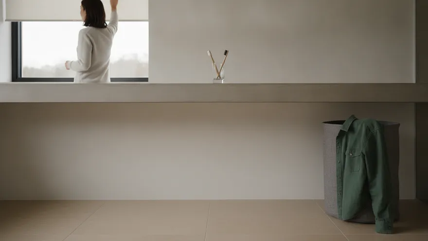 Two toothbrushes in a glass on a long bare shelf, a green coat left over a basket below it.