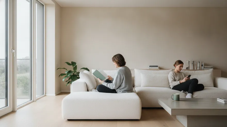 Two people sitting at either end of a sofa in a bright living room, one with a book and one with a phone, neither turned toward the other.