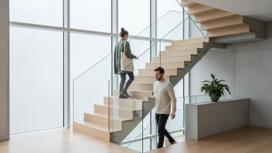 Two people passing on a bright staircase, one going up and one going down, both slightly blurred with motion.