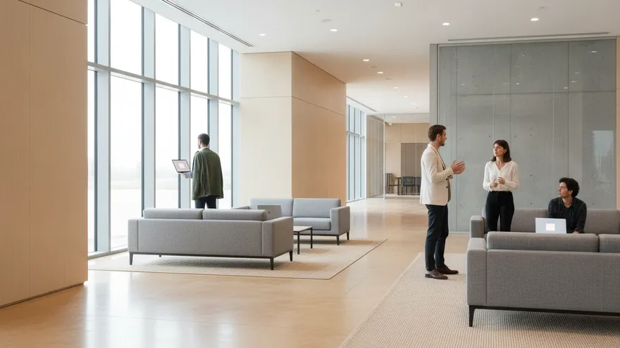 A bright lobby where one person stands talking to a small group at a distance while another waits further along near a window.