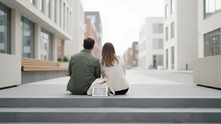 Two people sitting side by side on front steps in daylight, shoulders almost touching, both looking at the street.