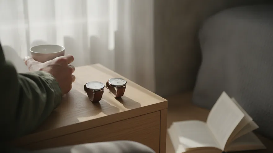 Two wristwatches side by side on a wooden nightstand, someone lifting a cup beside them.