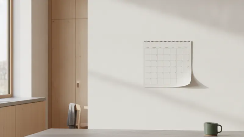 A wall calendar in a bright kitchen with every square blank and one corner curling away from the wall.