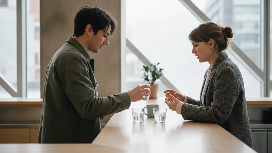 Two people at a table by a large window, facing each other over glasses of water, mid-conversation.