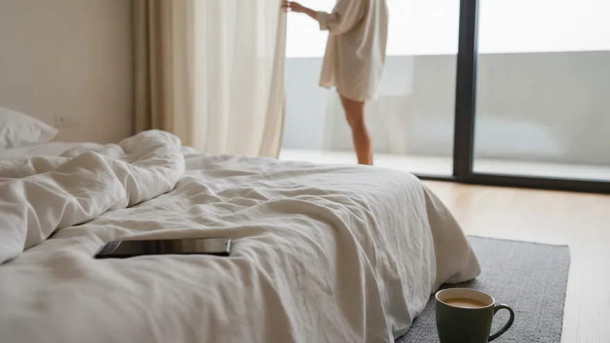 An unmade bed in bright morning light with a tablet left on the duvet and a mug on the floor, someone standing at the window pulling the curtain back.