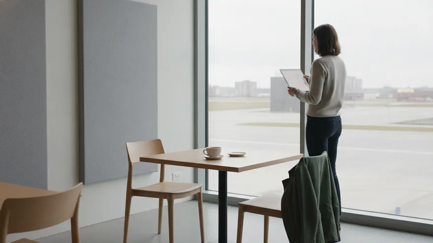 A café table by a window with one cup on it and a green coat left over the chair, while someone stands at the glass with a tablet.