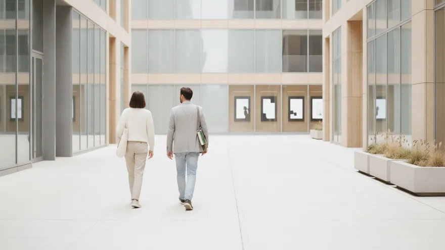 Two people walking away side by side across a wide, bright plaza between glass buildings.