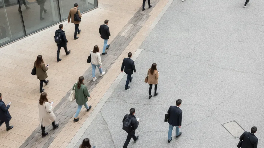 A busy pedestrian crossing seen from above in bright daylight, people mid-stride in both directions.