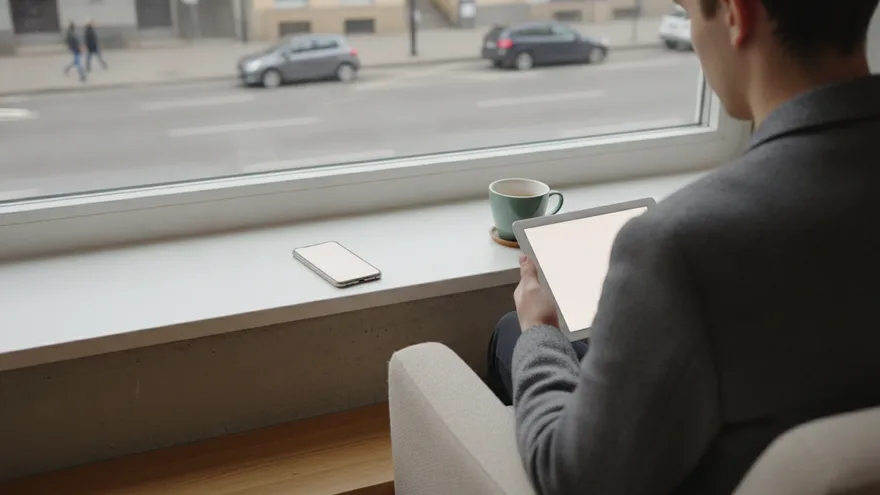 Someone sitting in a chair by a wide window with a tablet, a green mug and a phone on the sill beside them and an ordinary street below.