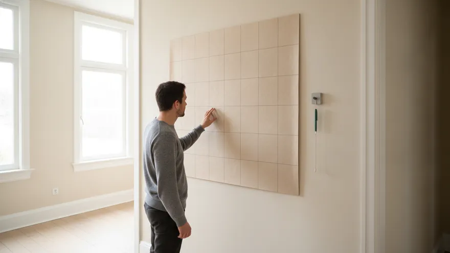 Someone marking a large empty grid drawn on a wall, every square of it blank.